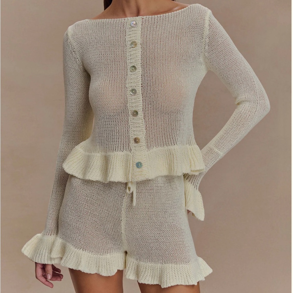 Meshki Cream Knit Ruffle Button-Up Cardigan